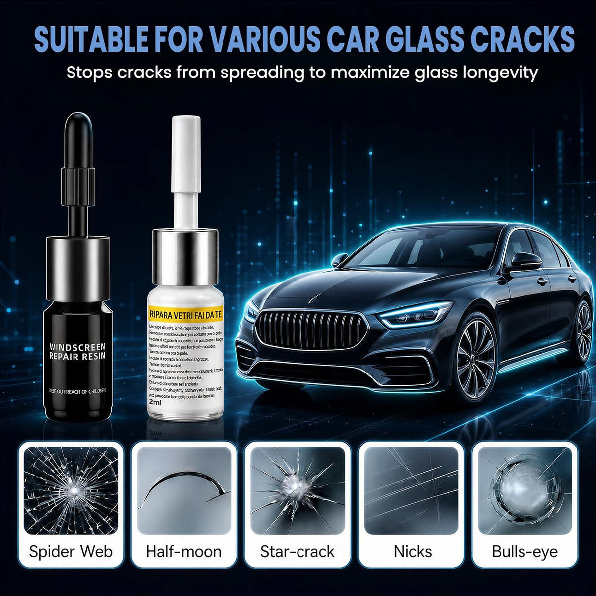 Upgraded Windshield Repair Kit for Chips & Cracks, Windshield Crack Repair